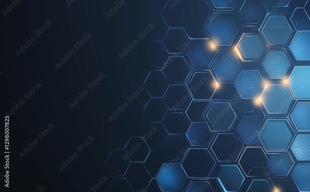 Poster this striking abstract image features a pattern of illuminated hexagons against a dark background, s