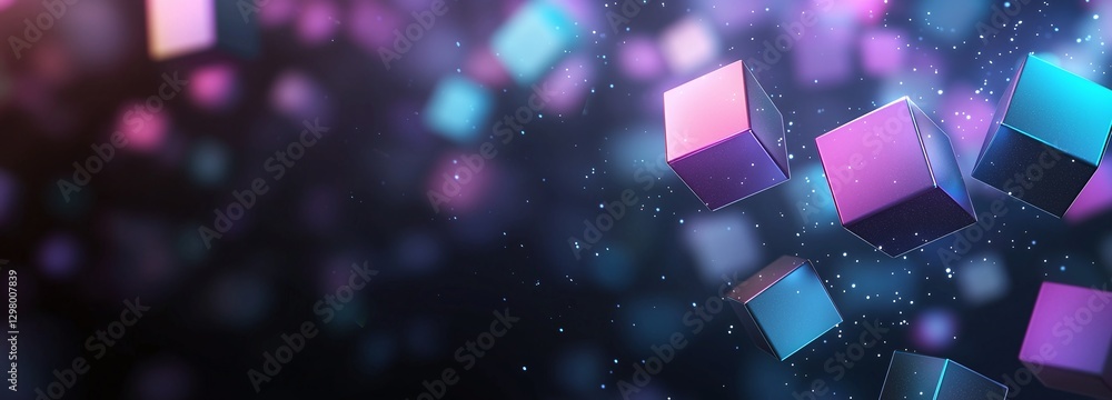 Poster this vibrant graphic features colorful floating cubes against a dark background, creating a sense of
