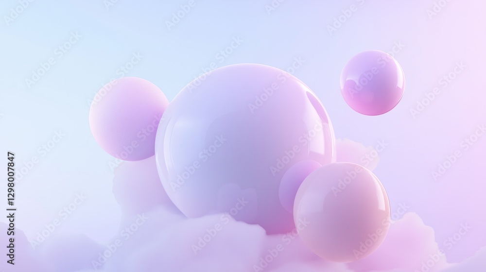 Poster digital illustration of three spheres floating in the sky. the spheres are of different sizes and sh