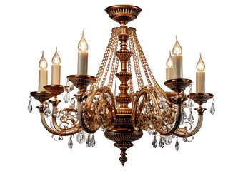 Elegant chandelier with eight lights, featuring intricate metalwork and vintage design, isolated on a transparent or white background.