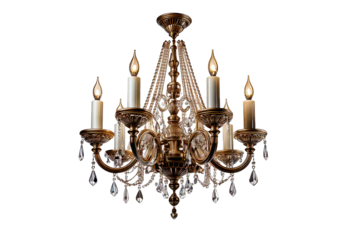 Elegant chandelier with eight lights, featuring intricate metalwork and vintage design, isolated on a transparent or white background.