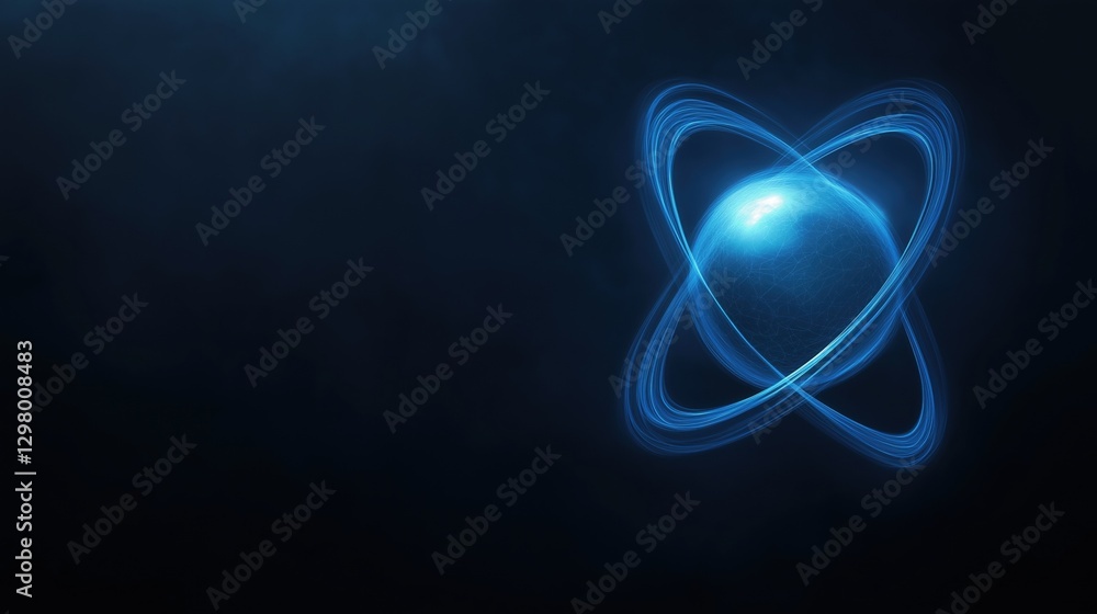 Poster digital illustration of an atom. the atom is in the center of the image and is made up of two curved