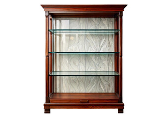 Elegant wooden display cabinet for home decor contemporary living room glass shelves. isolated on a transparent or white background.