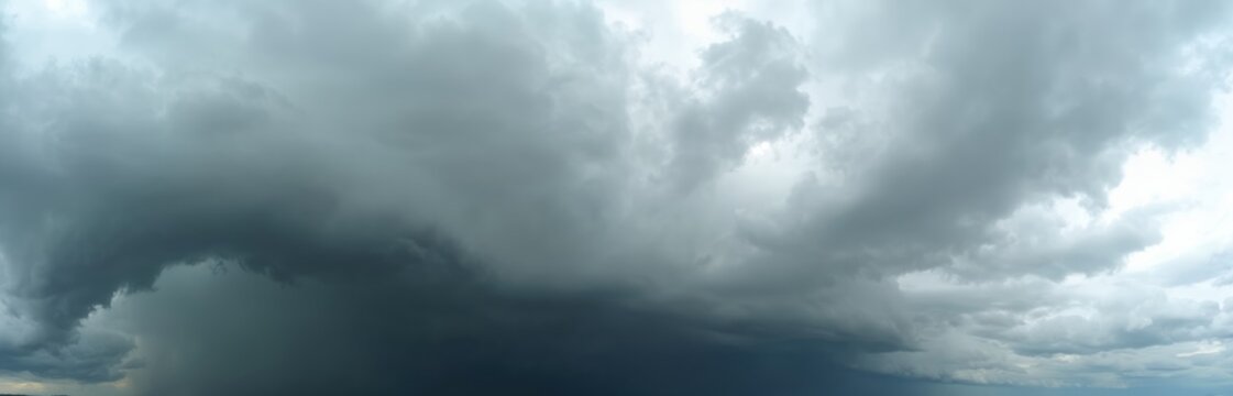 Dark moody rain storm cloudscape in sky. Overcast weather atmosphere. Seamless 360 degree HDR spherical panorama, sky replacement for aerial drone panoramas. Climate change, meteorology backgrounds.