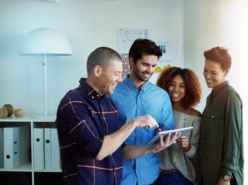 Teamwork, feedback and business people with tablet in office for advice, planning and brainstorming ideas. Collaboration, digital startup and group for meeting, discussion and proposal review - Powered by Adobe