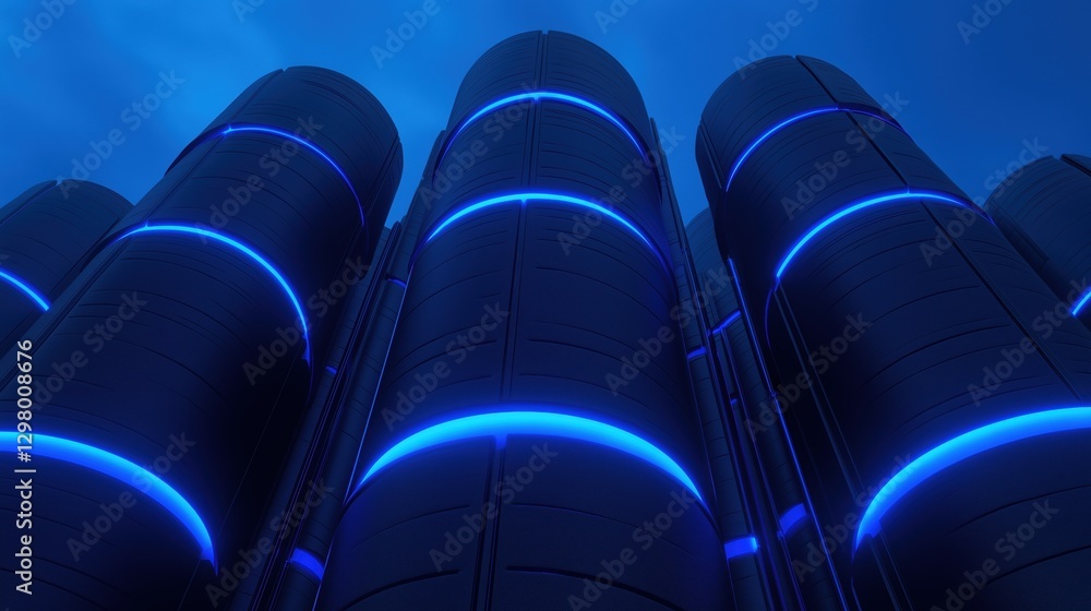 Poster group of tall, cylindrical structures with a blue glow emanating from them. the structures appear to