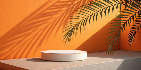 Minimalist orange background with a white podium and palm shadows – a trendy mockup scene for product display, branding, or cosmetic marketing.