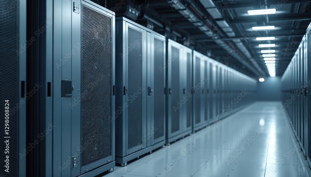 Poster Photo data center server room filled with modern powerful metallic machinery. Ventilation cooling systems, electrical infrastructure enable efficient network computing, data processing data storage