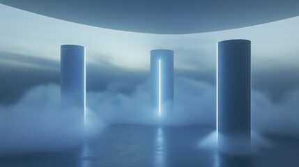 Three tall, cylindrical pillars standing in a dark, foggy landscape. the pillars are arranged in a triangular formation, with the tallest pillar in the center and the two shorter ones on either side.