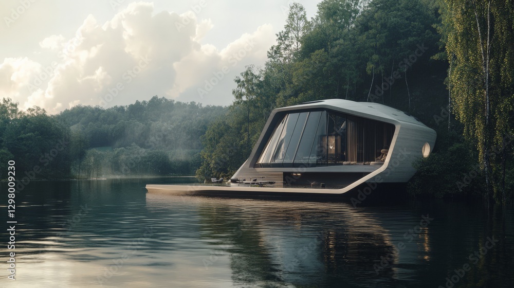 Poster ai-controlled floating eco-house with tidal energy generation, providing futuristic self-sustaining 