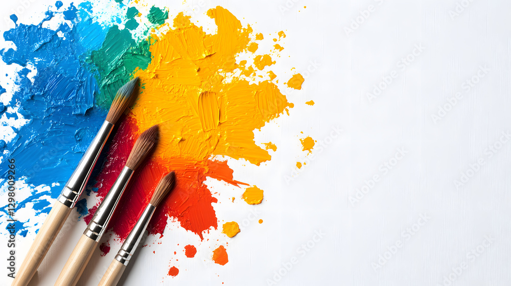 Poster colorful paint splashes with brushes on a white canvas background