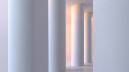 Three tall, cylindrical pillars in a room with a white wall on the right side.