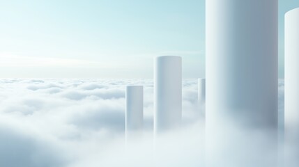 Group of tall white pillars standing in the middle of a vast sky filled with fluffy white clouds. the pillars are tall and slender, and they appear to be floating in the air.