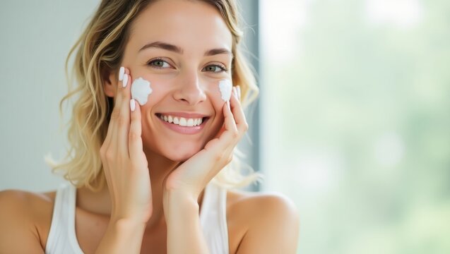 Double Cleanse. Young smiling woman with clear skin applying moisturizing cream on cheeks, skincare routine for beauty care, natural light, fresh morning, wellness concept, health and self-care close - Powered by Adobe