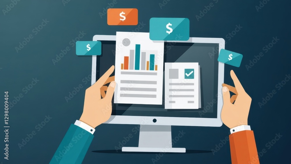 Poster failed payments. hands of person holding tablet with monitor and chart on it