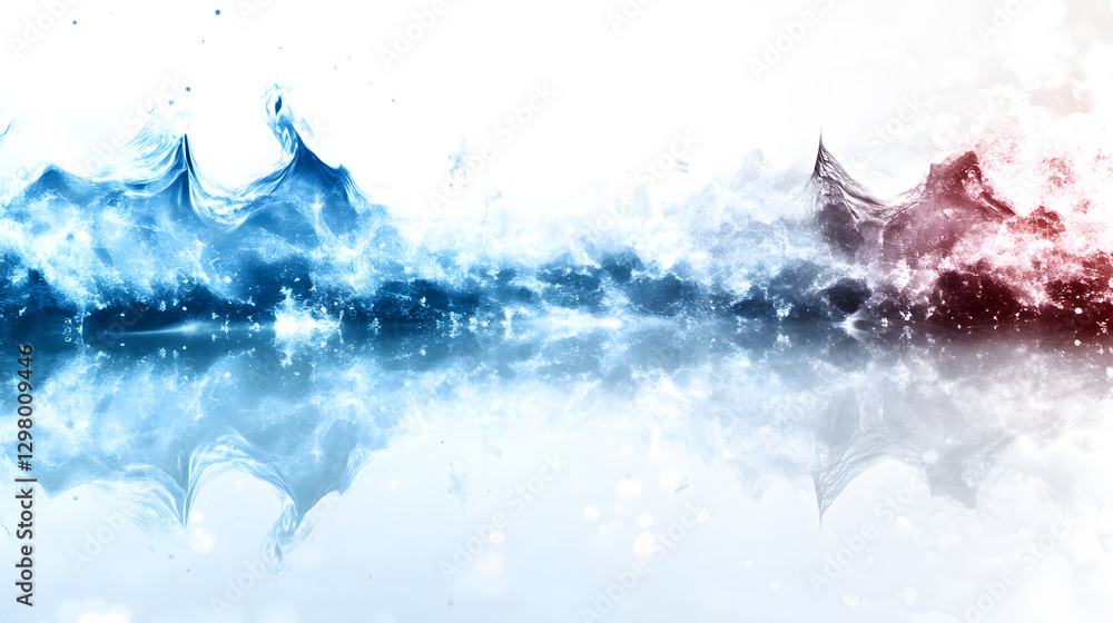 Poster abstract waves in blue and red with a reflective surface and a dreamy atmosphere