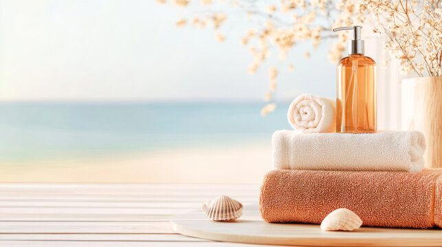 A spa arrangement with soft towels, a glass soap dispenser, and seashells on a wooden tray, set against a blurred ocean view, evoking relaxation and luxury in a coastal setting.
