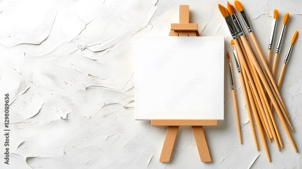 Aufkleber blank canvas on easel with paintbrushes on textured surface