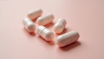 Electrolytes Tablets. White capsules pills scattered on soft pink background, close-up medicine healthcare concept for pharmacy, wellness, treatment, natural remedy, clean minimal design light pastel