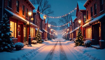 Obraz premium Snowy city street at night with Christmas lights and decorations, snow, festive, night