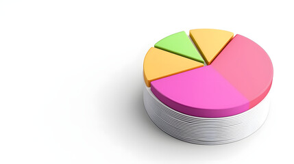 Obraz premium Colorful 3D pie chart with various segments in pink, yellow, and green, representing data distribution on white background. chart is elevated, giving modern and dynamic look