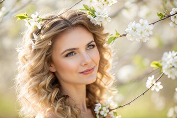 Fototapeta premium Radiant Woman With Wavy Hair Enjoying a Blossoming Floral Setting in Springtime