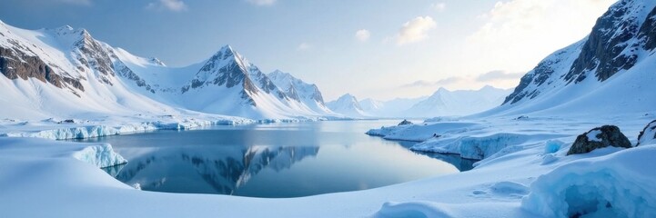 Snowy polar landscape with icy mountains and frozen lake , icy terrain, snowy landscape, frosty mountains