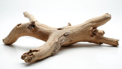 Naklejka premium Driftwood piece lies isolated on transparent backdrop. Old weathered nature tree branch with bark texture. Brown wooden trunk with rough surface, aged rustic object from forest sea. Raw dry worn