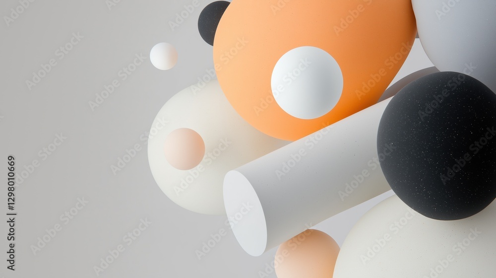 Poster abstract digital art piece with a white background. it features a group of different shapes and size