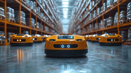 A fleet of autonomous robots, colored in orange, navigating through a well-organized warehouse filled with shelves of goods.