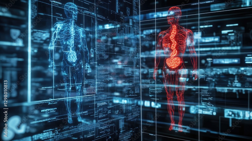 Poster sci-fi style digital projection of the circulatory system in a futuristic lab.