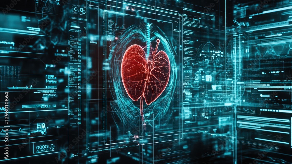 Poster sci-fi style digital projection of the circulatory system in a futuristic lab.