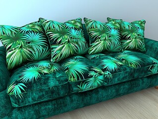 Green sofa with palm leaf cushions in bright room