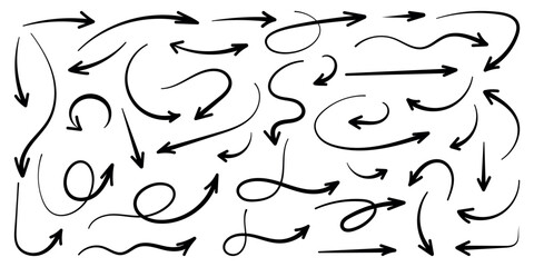 Squiggly black arrow set. Movement spiral lines, flat elements. Pencil brush arrows for icon, texture, sketch. Hand drawn childish doodle strokes. Isolated vector illustration on white background.