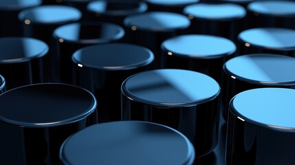 Group of black cylindrical containers with round lids. the containers are arranged in a grid-like pattern, with each container slightly overlapping the one below it.