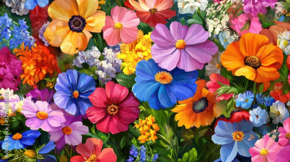 Poster a vibrant assortment of colorful flowers in various shapes and sizes, creating a lively and cheerful