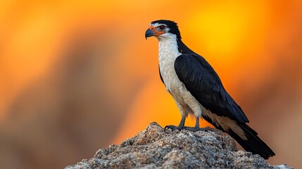 Obraz premium Bold Crested Caracara standing proudly on a desert rock its sharp beak and striking black and white plumage illuminated by the fiery orange hues of the setting sun