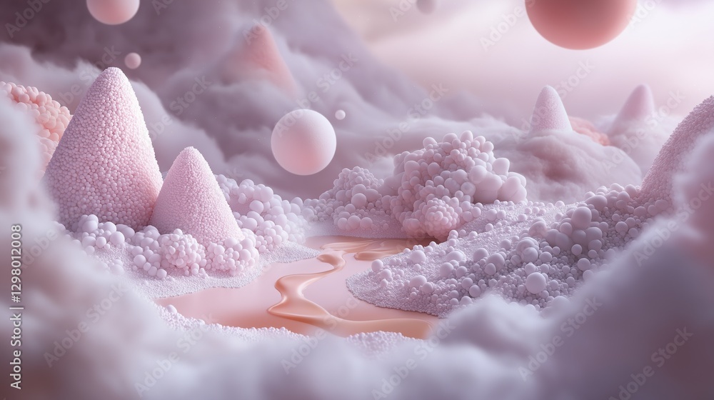 Poster abstract digital art piece that appears to be a 3d rendering of a landscape. the background is a sof