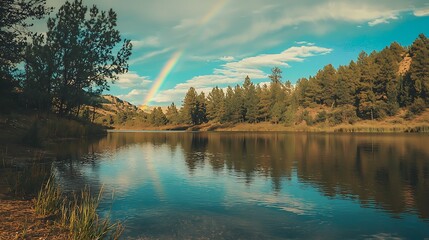 A peaceful river reflecting a vibrant rainbow stretching across the sky