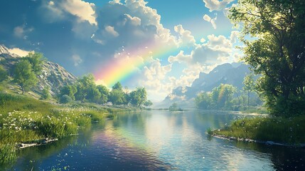 A peaceful river reflecting a vibrant rainbow stretching across the sky