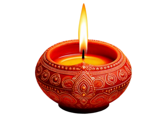 Traditional clay diya lamp with a warm flame isolated on a transparent or white background.
