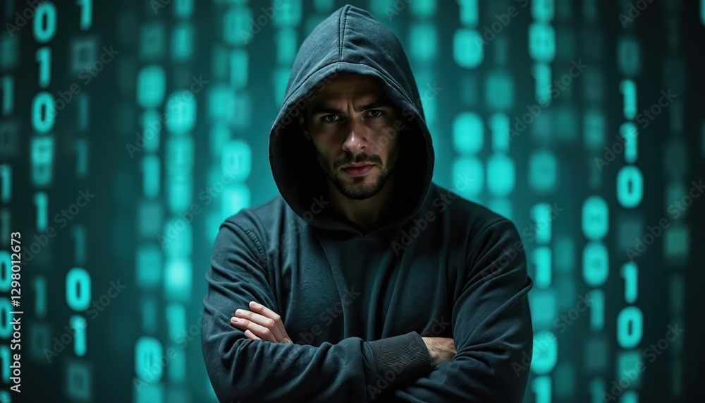 Fototapete Serious hacker in hoodie with crossed arms against binary code background. Cybercriminal exploits system vulnerability, phishing to access sensitive data. Concept of social engineering,