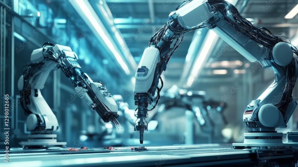 Poster ai-integrated mechanical robotic arms assembling aerospace technology with ultra-high precision