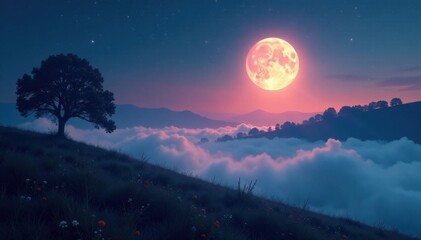 Softly glowing mist surrounds a moonlit landscape, serene, mist, glow