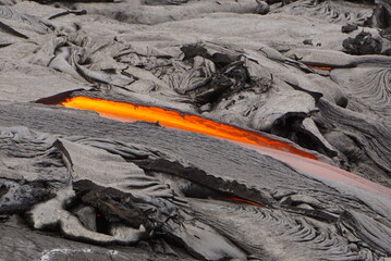 Active lava flows over old lava field in Hawaii