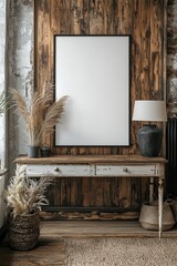 A rustic interior scene featuring a wooden console table, a blank frame, decorative plants, and a stylish lamp against a textured wall.
