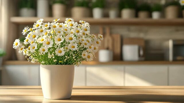Daisy in a white pot is set up in a simple, spotless kitchen.
