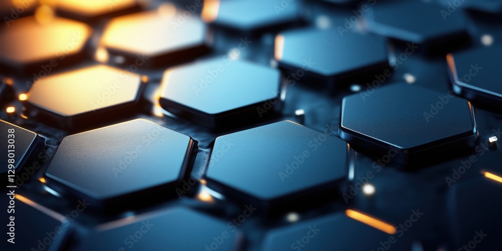 Poster hexagonal pattern with glowing reflections on a dark surface creates a futuristic atmosphere in a di