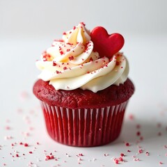 Red velvet cupcake with cream cheese icing and fondant heart. Dessert on white background for Valentines Day celebration. Sweet treat decorated with red sprinkles. Romantic love surprise.