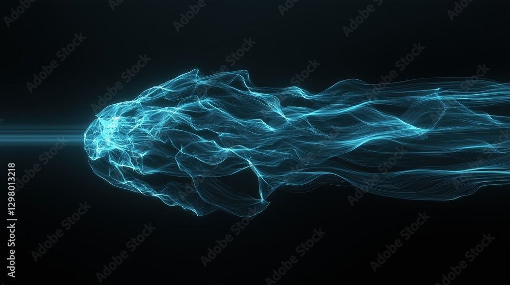 Poster digital art piece that appears to be a 3d rendering of a blue wave-like structure. the wave is made 